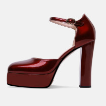 Arden Furtado Summer Fashion Women's Shoes Buckle square toe Burgundy Chunky Heels Sexy Elegant Pumps Party Shoes size 40