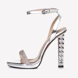 Arden Furtado Summer Fashion Women's Shoes Sexy Silver Elegant Buckle silver Champagne strap Narrow Band Crystal Sandals