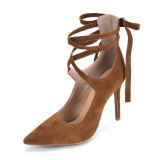 Arden Furtado summer Women's shoes fashion pointed toe Stilettos heel sexy Cross tied Brown Sandals 46 47 new