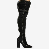 Arden Furtado Winter  fashion Leopard grain pointed toe Chunky heels Women's boots sexy personality  The rivet black over the knee boots  46 47 new
