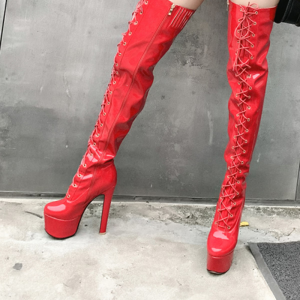 Arden Furtado Fashion Women's Shoes Winter Sexy Red Elegant Zipper Cross tied Round Toe platform Over The Knee thigh High Boots