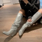 Arden Furtado 2021 Fashion Winter Cone Heels Pointed Toe silver Women's Knee High Boots silver Pleated crystal boots big size 40