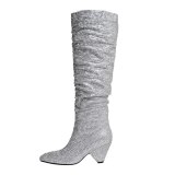 Arden Furtado 2021 Fashion Winter Cone Heels Pointed Toe silver Women's Knee High Boots silver Pleated crystal boots big size 40