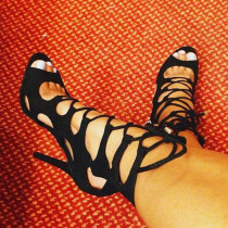 Arden Furtado Summer Fashion Pure color Open-toed Women's shoes Sexy Black Cross tied Stilettos Heels sandals 46 47 New