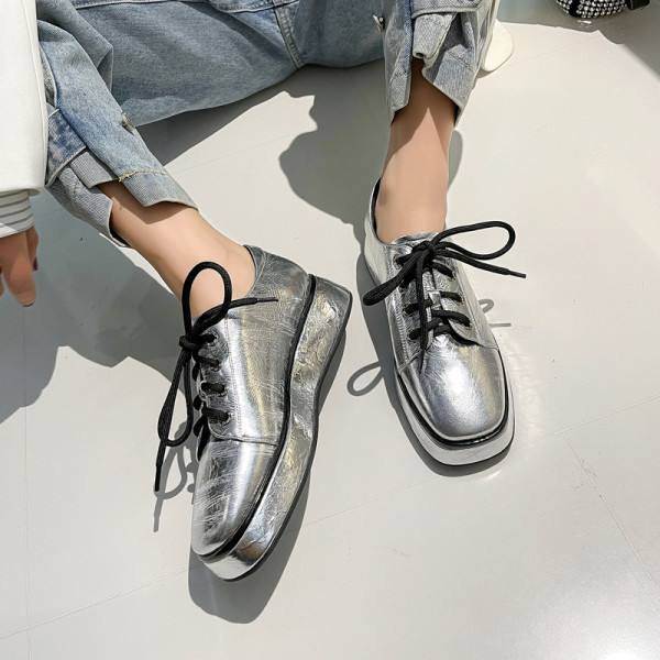 Arden Furtado 2021 Spring And autumn Fashion Women's Shoes Gun Color Round Toe Cross Lacing Genuine Leather Leisure Shoes New
