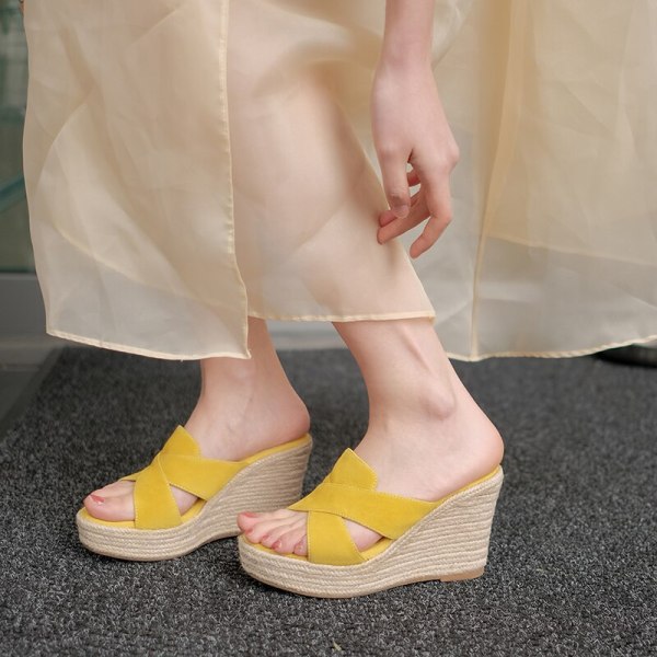 Arden Furtado Summer Fashion Women's Shoes Wedges Office lady Suede Classics yellow platform ladies Slippers