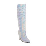 Arden Furtado 2021 Winter Fashion Sequins Sleeve boots Women's Shoes Sexy Blue Cone With Pointed Toe Knee High Boots Elegant New 34-48