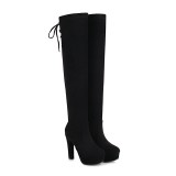 Arden Furtado 2021 Winter Fashion Black Round Toe Waterproof Women's Shoes Stretch boots Sexy Chunky Heels Cross tied Over The Knee Boots Elegant New 42 43