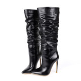 Arden Furtado Fashion Women's Shoes Winter Sexy Elegant Stilettos Heels Pointed Toe Fold Black Knee High Boots