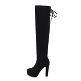 Arden Furtado 2021 Winter Fashion Black Round Toe Waterproof Women's Shoes Stretch boots Sexy Chunky Heels Cross tied Over The Knee Boots Elegant New 42 43