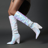 Arden Furtado 2021 Winter Fashion Sequins Sleeve boots Women's Shoes Sexy Blue Cone With Pointed Toe Knee High Boots Elegant New 34-48