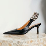 Arden Furtado 2021 summer Fashion Women's Shoes Slip on Metal Chain Mature Office lady Sandals Stilettos Heels Pointed Toe 41