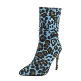 Arden Furtado 2021 Fashion Autumn Winter Pointed Toe Leopard Grain Women's Shoes Stilettos Heels Stretch Boots Sexy Ankle Boots Big Size 48
