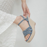 Arden Furtado 2021 Summer Fashion Wedges Straw Women's shoes Elegant One line buckle Apricot Lady Sandals New 34-39
