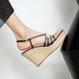 Arden Furtado Summer Fashion Waterproof Wedges Straw Women's shoes Elegant Beads Buckles Black Lady Sandals