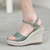 Arden Furtado Summer Fashion Wedges Straw Waterproof  Women's shoes Elegant Buckles Dark green Lady Sandals New 34-39