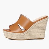 Arden Furtado 2021 Summer Fashion Women's Shoes cow leather  Wedges heels Classics ladies yellow straw platform brown Slippers