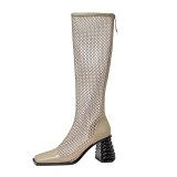 Arden Furtado 2020 Summer Fashion Women's Shoes White Classics Zipper Block heels Sexy Elegant square toe knee high mesh Boots