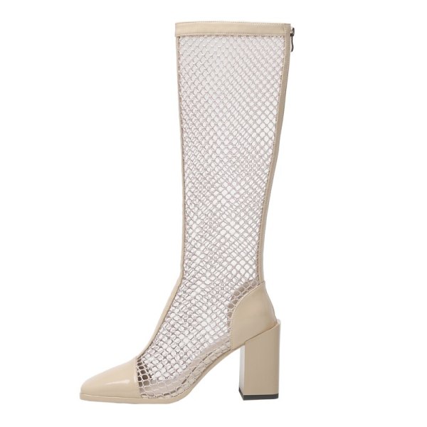 Arden Furtado 2021 Fashion Summer boots Women's Back Zipper white Square Head Chunky Heels mesh boots ladies Knee High Boots