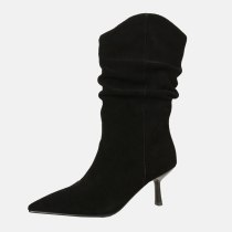 Arden Furtado 2021 Spring autumn High heels Women's shoes Stilettos heels Genuine leather Yellow suede Mid calf Half boots 33 40 new