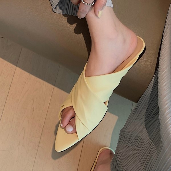 Summer Wedges heels Genuine Leather Flat yellow Slippers Open toe Casual slides Women's shoes peep toe sandals 40