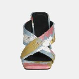 Arden Furtado 2021 Summer Fashion Women's Shoes Heels Denim Square Head Chunky Heels  Ladies Slippers  44 45