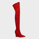 Arden Furtado 2021 Fashion Women's Shoes Winter Pure Color Red  Pointed Toe Wedges Over The Knee High Boots  big size 42 43