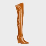 Arden Furtado 2021 Fashion Women's Shoes Winter Patent Leather Pointed Toe Wedges Over The Knee High Boots  big size 42 43