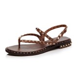 Arden Furtado Summer Buckle Sandals  Pure Color Brown Classics Flats Genuine Leather Narrow Band Rivet Women's Shoes 33-43