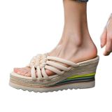 Arden Furtado  Summer Fashion Women's Shoes Narrow Band Blue Wedges Heels Classics Ladies Straw Platform Slippers 40