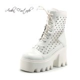 Arden Furtado Summer Fashion Women's Shoes Chunky Heels Elegant  White Wire Side Cross Lacing Platform Square Head Ankle Boots