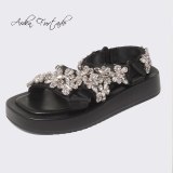 Arden Furtado Summer Fashion Women's Shoes Sexy Hook & Loop Genuine Leather Crystal Rhinestone Sandals 40
