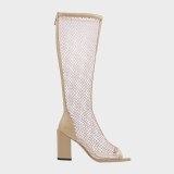 Arden Furtado Summer Fashion Women's Shoes Elegant  Back Peep Toe  Zipper Mesh Boots Knee High Boots Chunky Heels 34-43