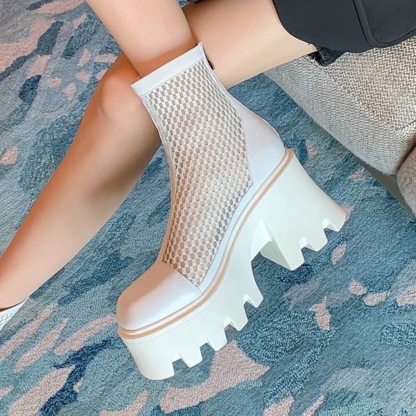 Arden Furtado Summer Fashion Women's Shoes Chunky Heels Matin Boots Mesh Boots White Ankle Boots ladies Genuine Leather 40 41