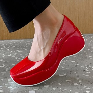 Arden Furtado Spring Autumn Chunky Heels Sexy New Square Head Genuine Leather Metal Chains Platform Red Wedges Pumps High Heels