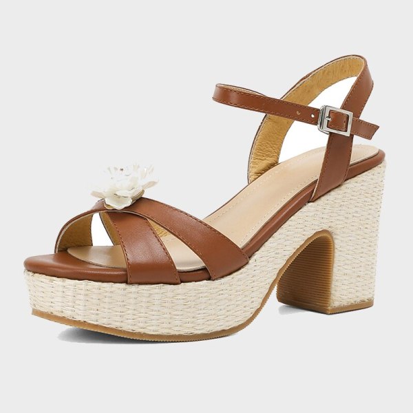 Arden Furtado 2021 Summer Chunky heels Genuine Leather  Buckle Sandals High Heels Women's Shoes Platform Brown Party Shoes