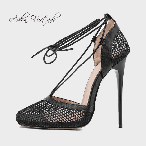 Arden Furtado Summer Fashion Women's Shoes Mesh  Sexy Elegant Stilettos Heels White Ankle Strap Sandals Classics  33 40