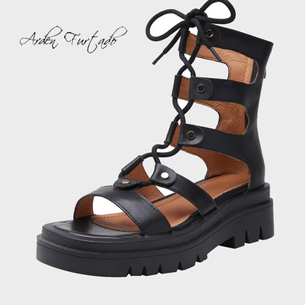 Arden Furtado 2021 Summer Flats Genuine Leather  Buckle Sandals High Heels Women's Shoes Platform Cross Lacing Party Shoes 40