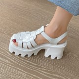 Arden Furtado 2021 Summer Platform  Sandals White Classics  Chunky Heels Genuine Leather Narrow Band Women's Shoes Party Shoes