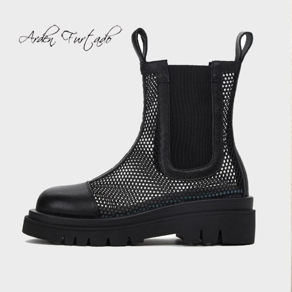 Arden Furtado Summer Fashion Women's Shoes Mesh Boots Genuine Leather Platform Round Toe Ankle Boots Half Boots