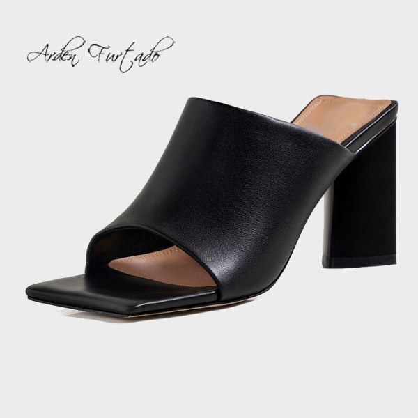 Arden Furtado 2021 Summer Fashion Women's Shoes  Chunky Heels White Ladies Square Head Genuine Leather Block heels Slippers 40