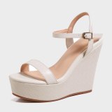 Arden Furtado 2021 Summer Platform Wedges Beige Sandals Genuine Leather  Buckle Classics  Narrow Band  Concise Party Shoes