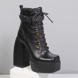 Arden Furtado 2021 Winter Fashion Women's Shoes Waterproof Chunky Heels Zipper Cross Lacing Concise Black Women's Boots 40