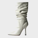Arden Furtado 2021 Fashion Women's Shoes Pointed Toe Stilettos Heels Elegant Pleated Gold Leopard Print Knee High Boots 42 43