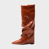 Arden Furtado spring autumn Winter Boots Shoes Elegant Knee High Boots Brown Green  Pointed Toe Zipper Wedges 41 42 43