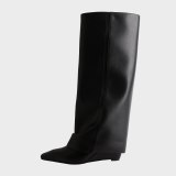 Arden Furtado spring autumn Winter Boots Shoes Elegant Knee High Boots Genuine Leather  Pointed Toe Zipper Wedges