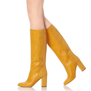 Arden Furtado Fashion Women's Shoes Winter Pointed Toe chunky Heels yellow Leather Slip-on Sexy Elegant Ladies knee high boots
