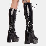 Arden Furtado Fashion Women's Shoes Winter Sexy New Round Toe Cross Lacing Matin Boots  Knee High Boots Chunky Heels 40 41