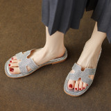 Arden Furtado Summer 2023 New Round toe open toe hollow out flat heel Comfort leisure Crystal Sliver Word slippers