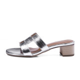 Arden Furtado 2023 Summer Women Cowhide Round toe Open toe Chunky Versatile Elegant hollow Mixed Colors Word slippers